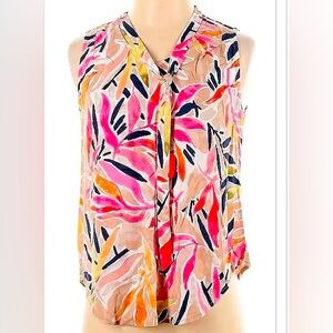 Nic and Zoe Pink and blue floral print sleeveless blouse with tie neckline